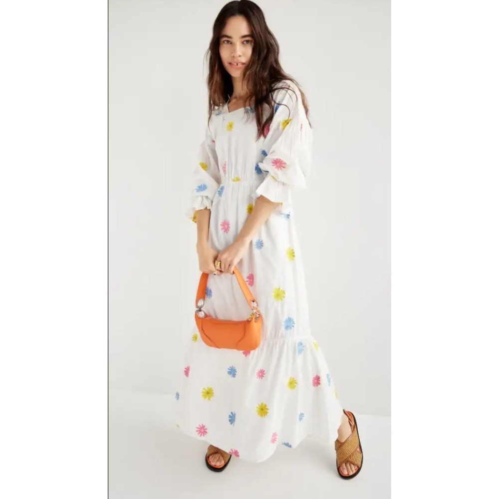 SOMETHING NAVY Embroidered Tiered Long Sleeve Maxi Dress In Rainbow Size S NEW